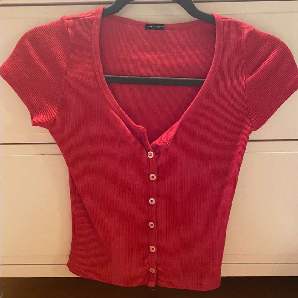 Red Brandy Melville Button Up Crop Top